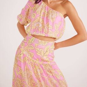 MinkPink Pink and Yellow One-Shoulder top